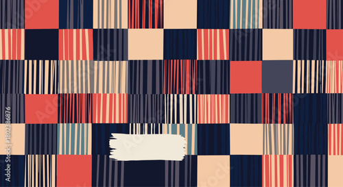 A colorful abstract background featuring a patchwork of vertically striped squares in shades of red, blue, and beige creates a modern, textured aesthetic.