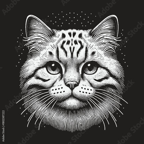 Detailed Black and White Cat Face Illustration Art.
