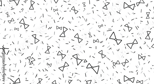 Seamless pattern featuring scattered black bow ties and short dashes on a clean white background, creating a playful and modern aesthetic.