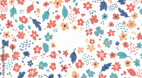 Delicate floral arrangement with scattered blooms and leaves in pastel shades creates a cheerful and inviting springtime background or border design.