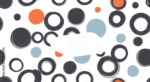 Abstract background featuring a dynamic arrangement of overlapping circles in shades of gray, blue, and orange, creating a modern and playful design.