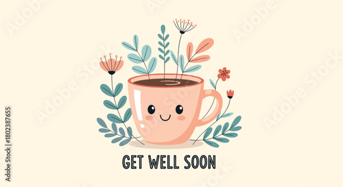Charming illustration of a smiling mug filled with plants and flowers, with a 'get well soon' message, perfect for cards and cheerful greetings.