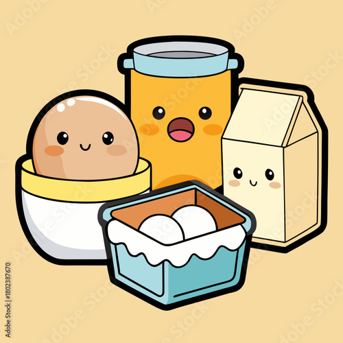 Cartoon illustration of breakfast items including eggs milk and juice with cute facial expressions