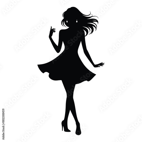 Shadow of happy girl in short dress posing gracefully with windblown hair is transparent