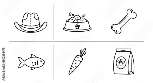 Pet care icons: cowboy hat, dog bowl, bone, fish, carrot, and pet food in minimalist black and white style