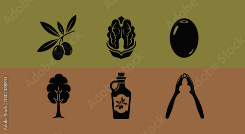 Silhouette icons of olive, walnut, tree, oil, and nutcracker on earthy background