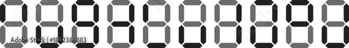 Grayscale digital numbers from zero to nine in a seven-segment display style. The numeric characters are arranged sequentially in a single horizontal line against a pure white background