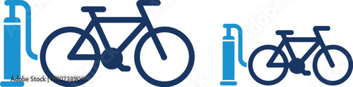 Iconic vector graphic of a modern bicycle accompanied by a vertical air pump, complete with a curved hose, representing crucial cycling support and maintenance services