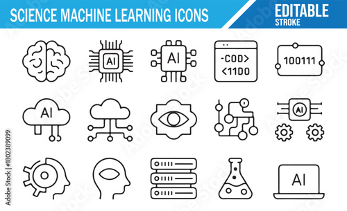 Minimal Line Art Icons Representing AI Concepts, Machine Learning Models, Data Analytics, Automation, and Cloud Computing