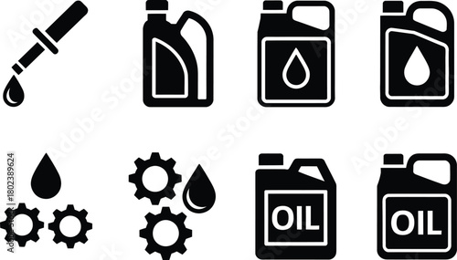 A collection of motor oil and lubricant icons featuring a dipstick with a droplet, various oil containers, and gear symbols for automotive service and maintenance