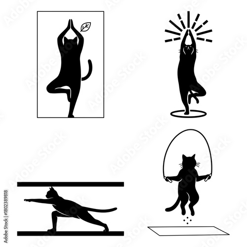 Cat workout silhouette collection of black cat silhouettes doing yoga and sport exercises isolated on