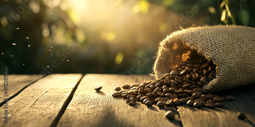 Roasted Coffee Beans Spilling from Burlap Sack in Warm Sunlight