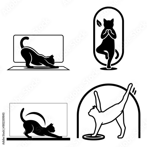 Cat workout silhouette four black and white cat illustrations doing yoga poses isolated on
