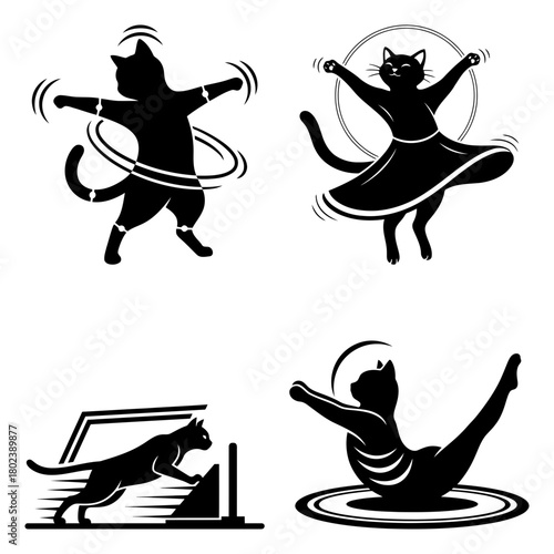 Cat workout silhouette four black and white cat illustrations doing various activities isolated on