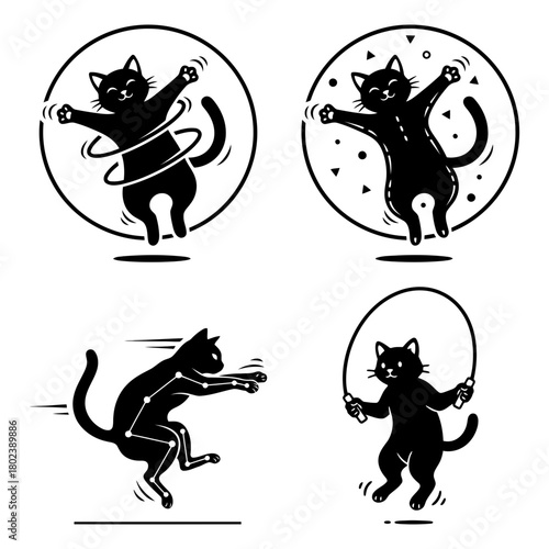 Cat workout silhouette four athletic cats are depicted doing sports isolated on, vector illustration