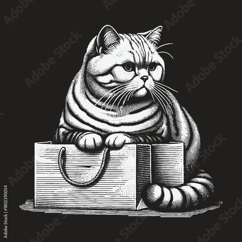 Grumpy Striped Cat Posing with a Shopping Bag Illustration.