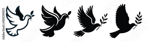 Flying Dove with Olive Branch Set Vector Illustration