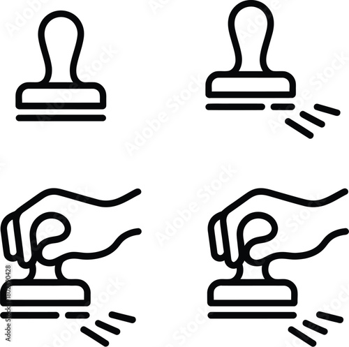 Diverse line art icons illustrating the critical process of document validation and official approval using a traditional hand-held rubber stamp, depicting both the tool and its impactful action
