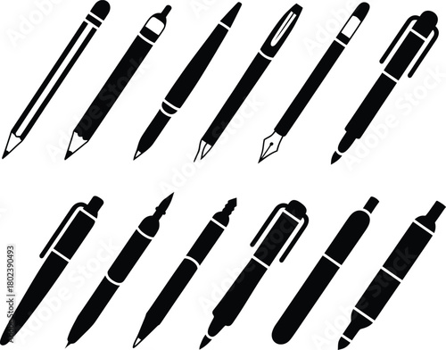 A diverse collection of angled writing tools, featuring black silhouettes of pencils, fountain pens, ballpoints, and markers for office or creative projects