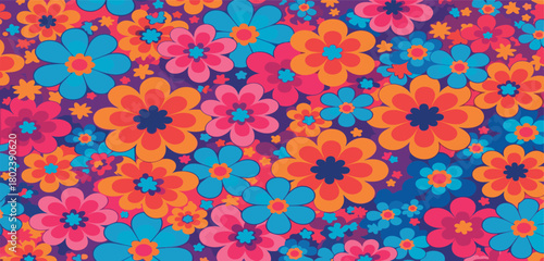 Colorful Retro Hippie Flower Power Seamless Background.