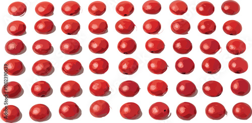 An organized pattern of vibrant red peppercorns isolated on a white background.