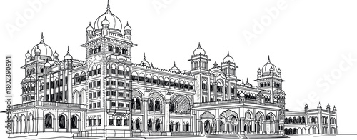 Detailed Line Art Sketch of an Ornate Historical Palace.