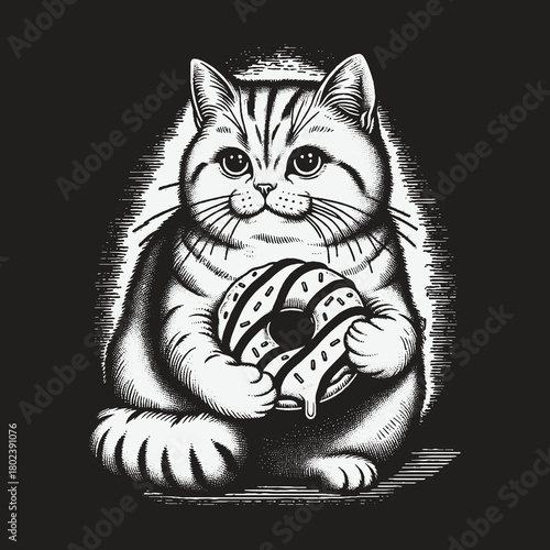Charming Black and White Illustration of a Chubby Cat Holding a Donut.