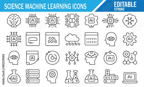 Line Art Science and Machine Learning Icons Set Featuring AI Symbols, Neural Networks, Data Processing, Algorithms, Cloud Computing, Robotics, Analytics, and Technology Elements