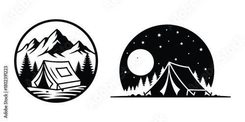 Camping tent mountain night and day logo vector illustration set