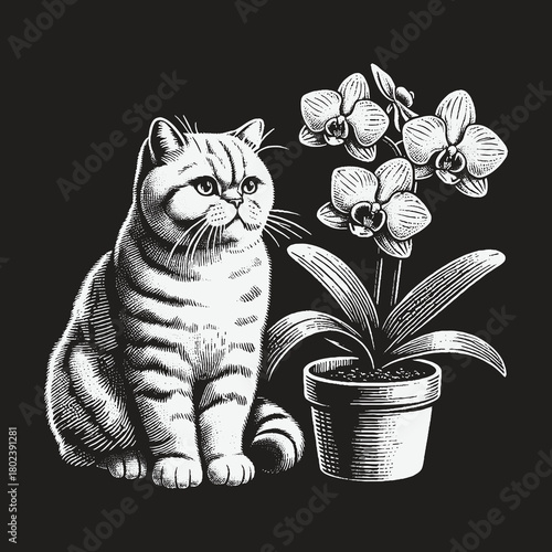 Exotic Shorthair Cat Sitting Beside a Potted Orchid Flower.