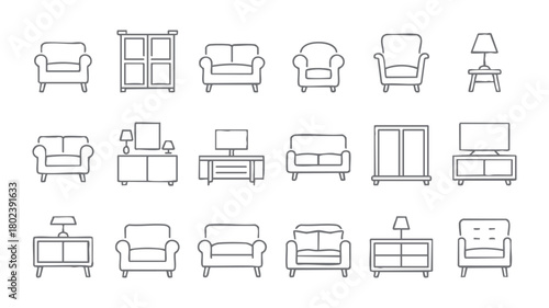 Modern minimal furniture icon collection featuring sofas, chairs, cabinets, decor elements, home interior symbols, and stylish outline household illustrations