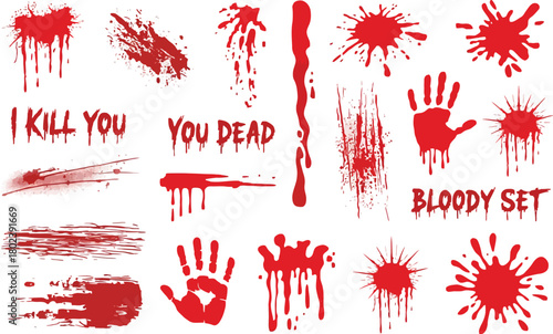 Red blood splatters handprints and text on white background