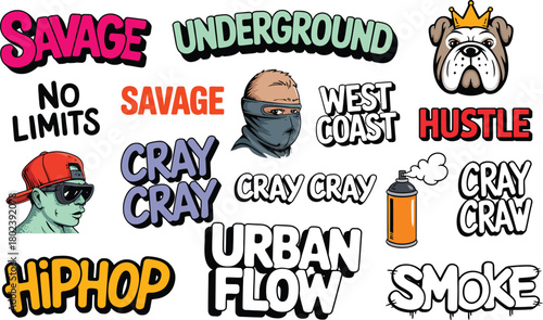 Graffiti art collection with urban slang and bulldog character