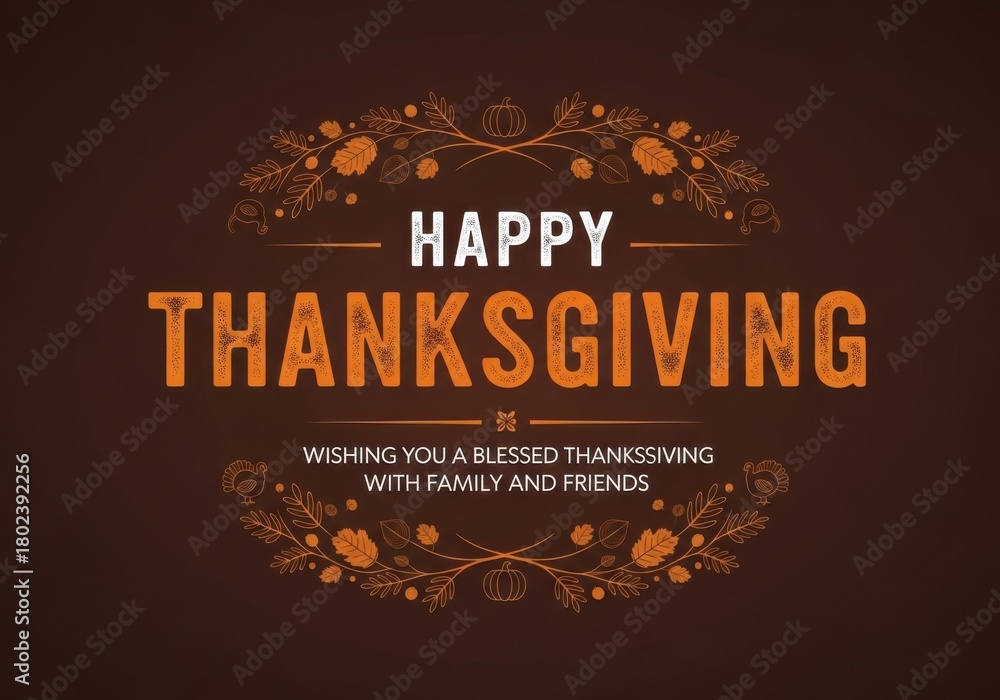 Obraz premium A stylized happy thanksgiving greeting featuring ornate floral and leaf motifs framing the text, wishing a blessed holiday with family and friends
