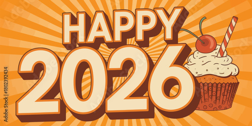 Festive happy new year greeting with colorful abstract shapes and celebratory elements perfect for holiday designs