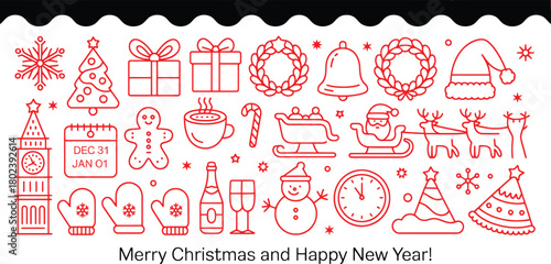 Festive merry christmas greeting with holly baubles and snowflakes in red green and blue