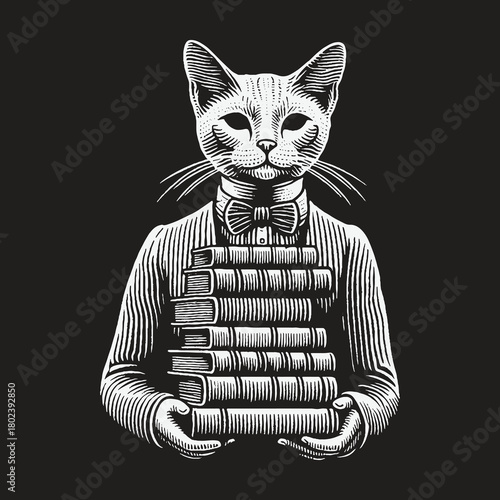 An intelligent anthropomorphic cat in a suit holding a stack of books.