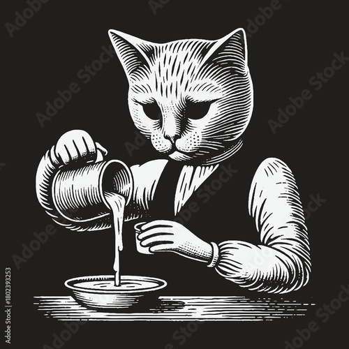 Anthropomorphic Cat in Vest Pouring Milk Vintage Engraving Style.