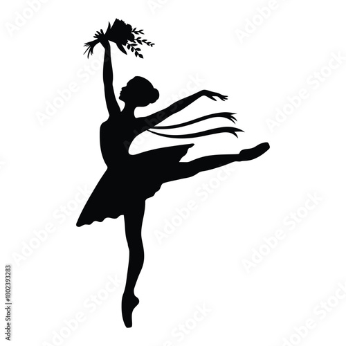 Silhouette shows elegant ballerina holding flower bouquet while balancing beautifully on one leg, transparent background