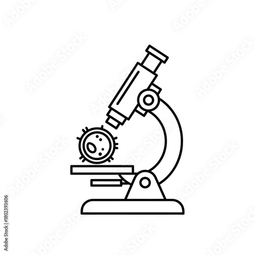 Minimalist line art icon of a laboratory microscope examining a spiky virus cell specimen on a slide.