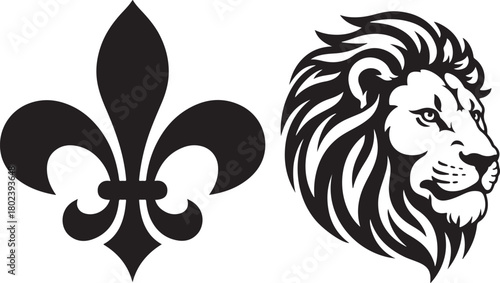 Symbolic emblematic duo featuring a majestic lion head silhouette and a classic fleur de lis emblem on a white background