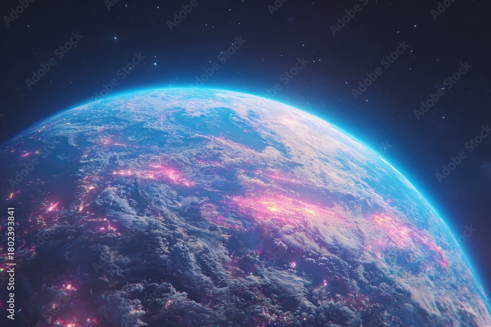 Fototapeta premium Glowing planet in cosmic space with colorful lights illuminating surface