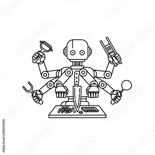 Multi-Armed Robot Chef Preparing Food with Kitchen Utensils, Black and White Line Art.