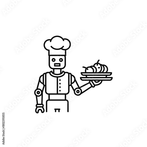 Outlined Robot Chef Holding Plate of Food, Wearing Chef Hat, Serving Dish.