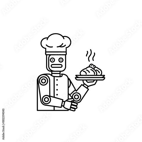 Robotic Chef Holding Plate of Steaming Food, Futuristic Culinary Art.