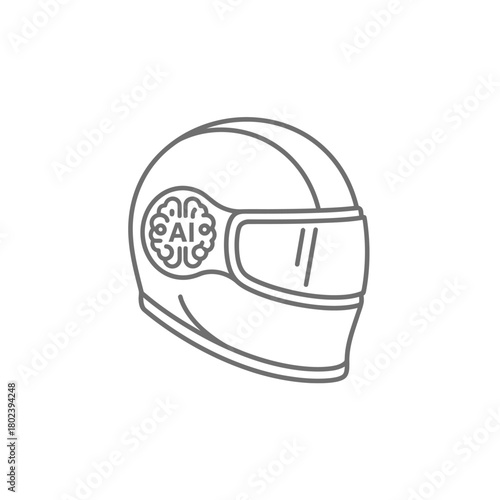 A minimalist line art illustration of a racing helmet featuring a circular emblem with a stylized brain and the letters AI, representing artificial intelligence