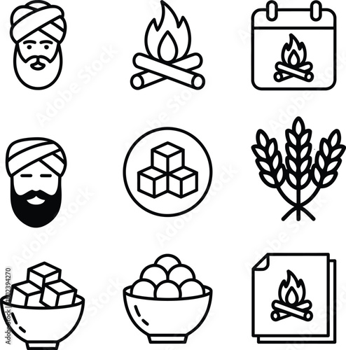 Lohri festival icons with man fire calendar wheat and sweets