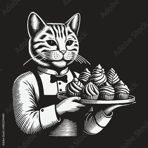 Dapper Cat Waiter Presents a Tray of Freshly Baked Cupcakes.