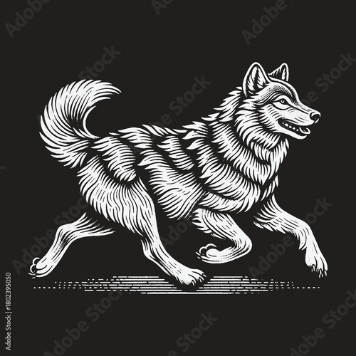 Stylized Running Wolf in a Classic Engraving Style.
