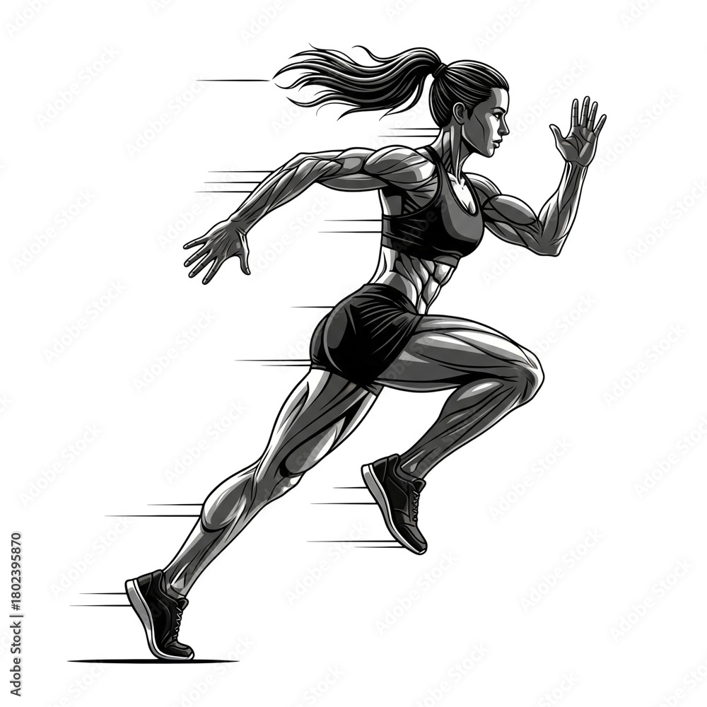Fototapeta premium Strong athletic woman running fast isolated on transparent background, vector illustration